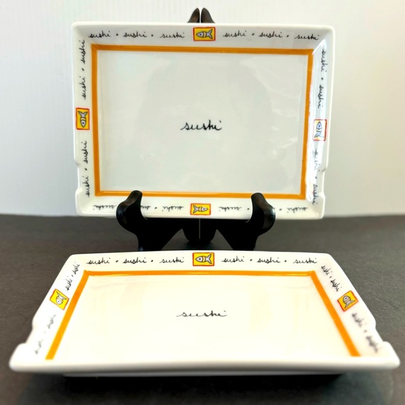 Set of 2  White Sushi word graphic Appetizer Plates, 7.25"x5.5" - Picture 1 of 8